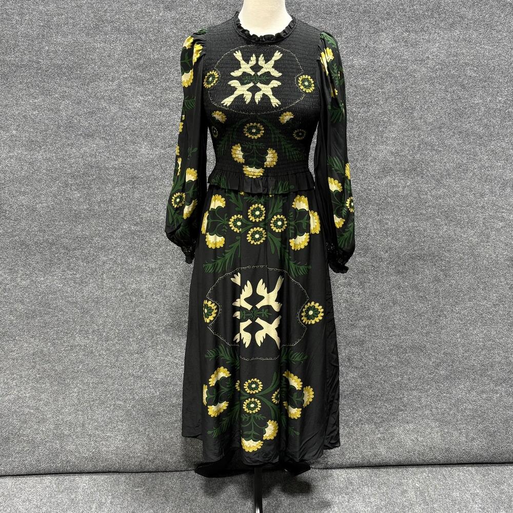 Sea New York Dress Womens XS Black Perle Floral Bird Smocked Maxi Boho Puff